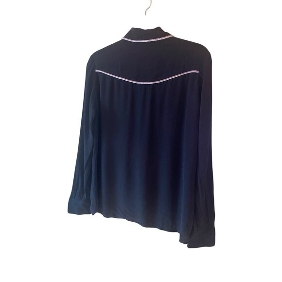 Maje Womens Shirt Size M Black Rhinestone Snap Button Front Western Metallic - Picture 13 of 16